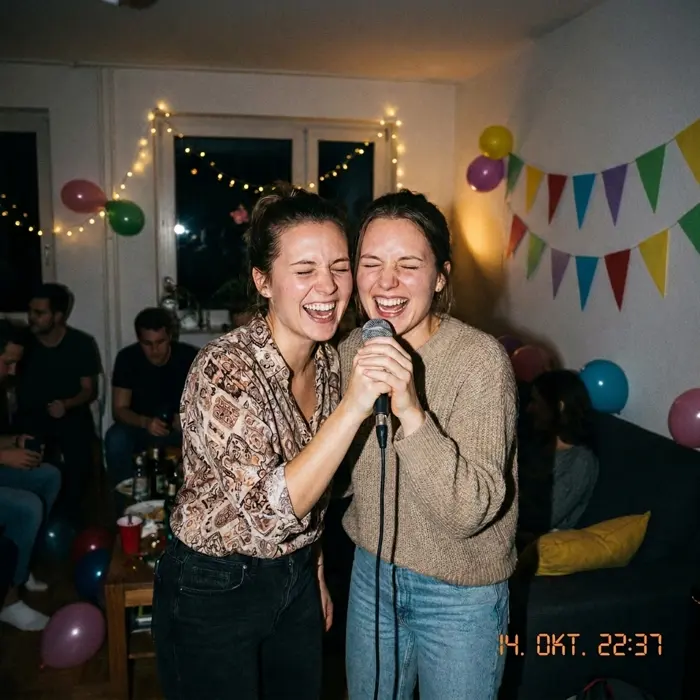 Zwei Frauen singen gemeinsam Karaoke auf einer Party