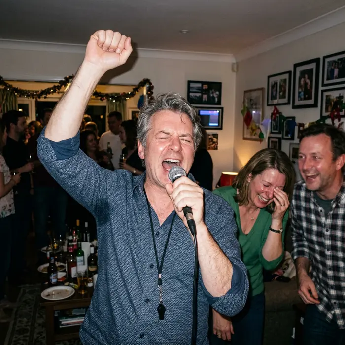 Gast singt mit vollem Einsatz Karaoke, Freunde lachen